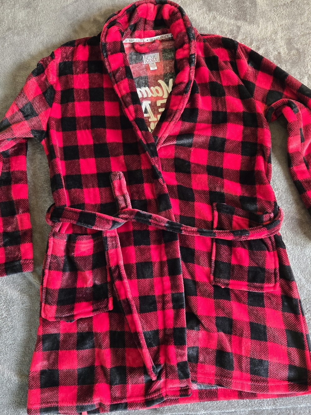 Cozy Plaid Shawl Collar Robe - Red & Black Buffalo Plaid